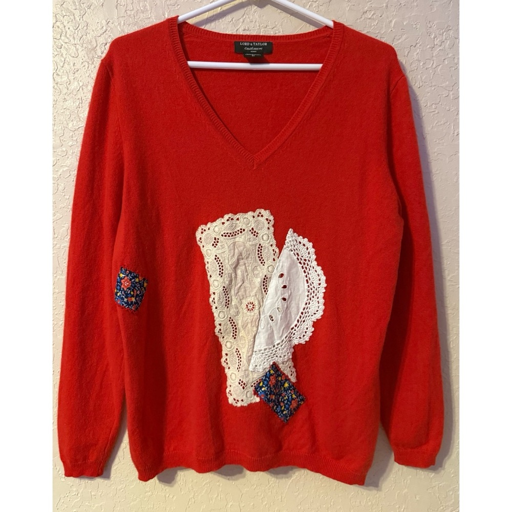 Lord & Taylor Red V-Neck Cashmere Sweater with Lace and Patchwork